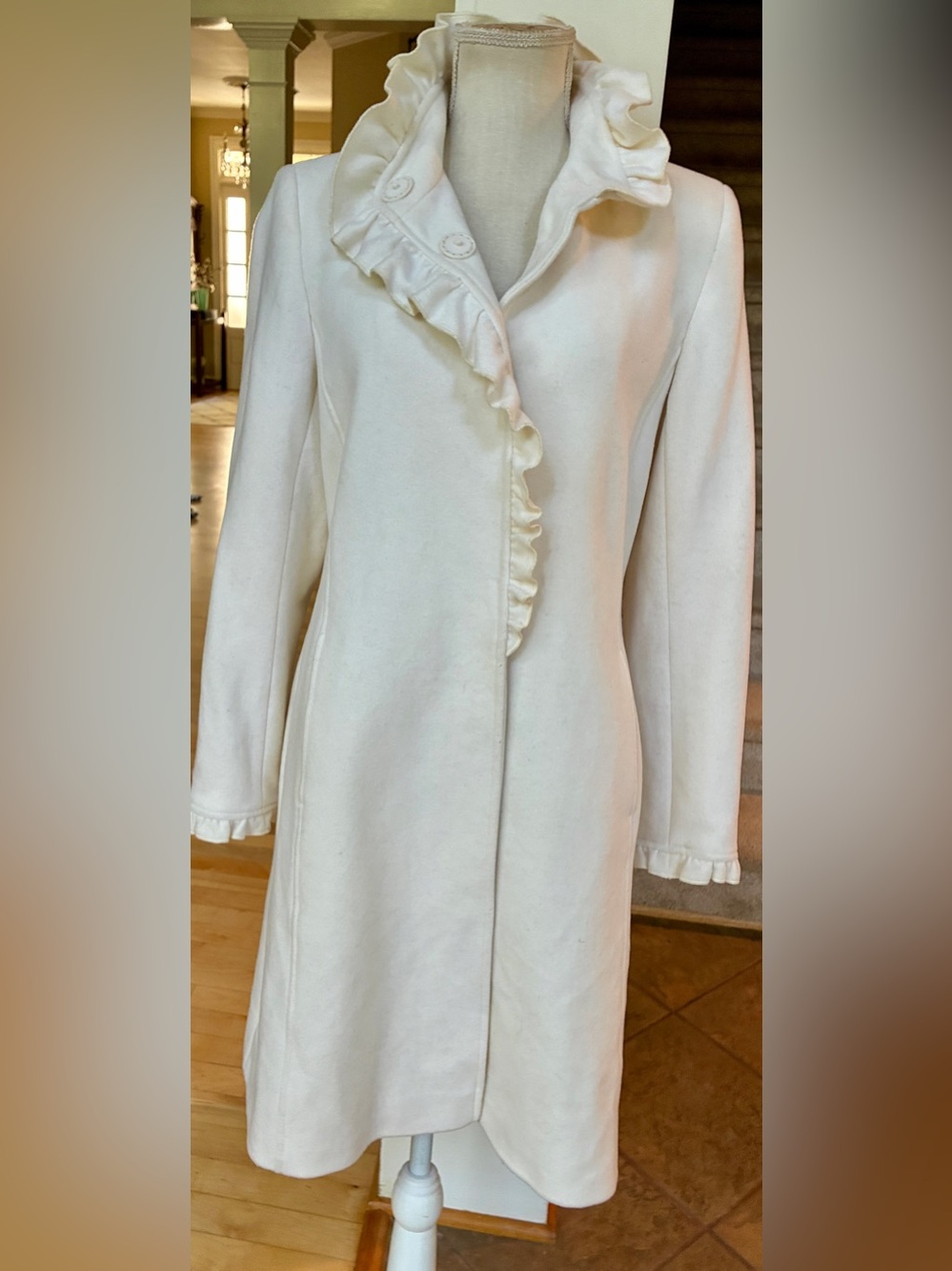 DKNYC Wool Blend Cream Ruffle-Trim Long Trench Coat